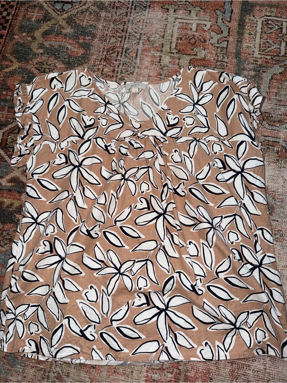 LOFT Tan Floral Leaf Print Short Sleeve Blouse